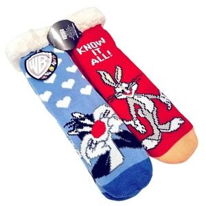 Warner Bros Set of 2 Sherpa Socks Sylvester & Bugs Bunny‎ Warm Cozy OSFM NEW